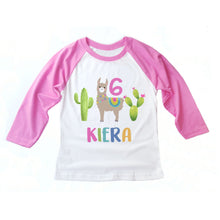 Load image into Gallery viewer, Llama Birthday Party Personalized Raglan Shirt for Girls