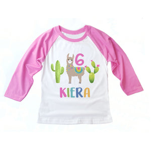 Llama Birthday Party Personalized Raglan Shirt for Girls