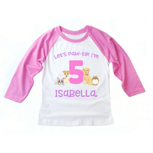 Puppy Dog Birthday Party Personalized Pink Raglan Shirt for Girls