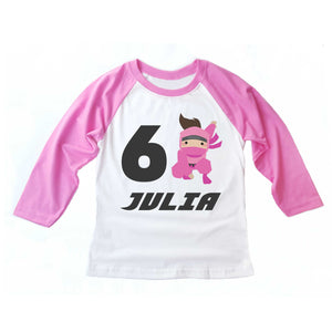 Pink Ninja Birthday Shirt for Girls 3/4 Pink Sleeve Raglan 