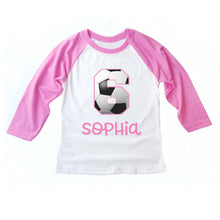 Load image into Gallery viewer, Soccer Birthday Shirt for Girls, Pink Soccer Custom Personalized Birthday Party Raglan Shirt