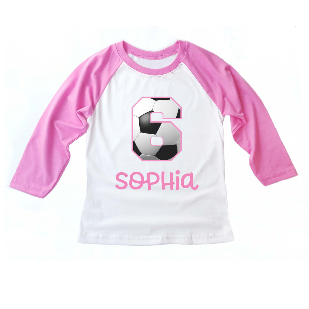 Soccer Birthday Shirt for Girls, Pink Soccer Custom Personalized Birthday Party Raglan Shirt