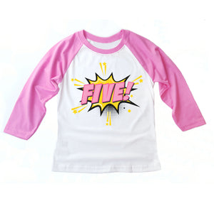 Girls Pink Superhero Birthday Party Shirt 3/4 Sleeve Raglan