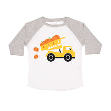 Load image into Gallery viewer, Toddler Boys Fall Pumpkin Patch Personalized Raglan Shirt - Construction Dump Truck Fall Outfit for Boys