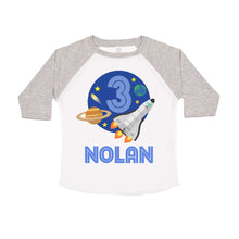 Load image into Gallery viewer, Outer Space Birthday Shirt for Boys, Space ship Birthday Party Personalized Raglan Shirt