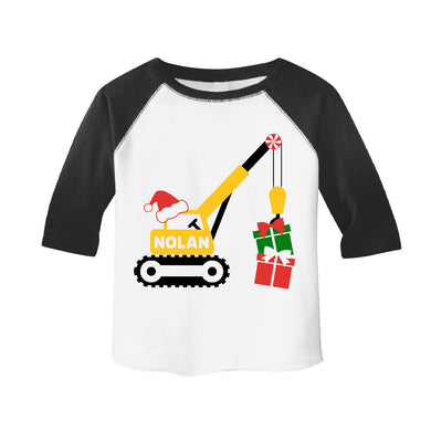 Toddler Boys Christmas Holiday Personalized Raglan Shirt - Construction Crane Christmas Outfit for Boys