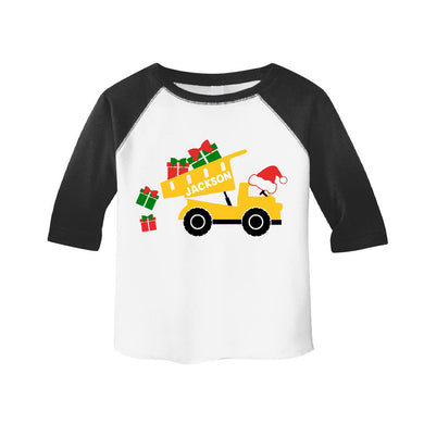 Toddler Boys Christmas Personalized Raglan Shirt - Construction Dump Truck Christmas Outfit for Boys