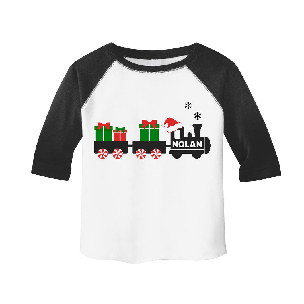 Toddler Boys Christmas Holiday Train Personalized Raglan Shirt