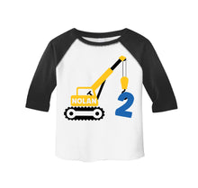Load image into Gallery viewer, Construction 2nd Birthday Raglan Shirt for Toddler Boys with Crane - personalized