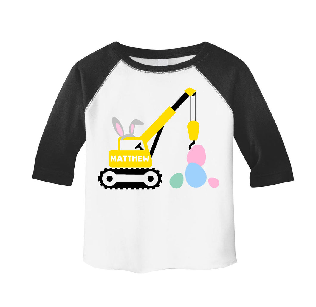 Toddler Boys Easter Bunny Construction Crane Personalized 3/4 Sleeve Raglan Shirt