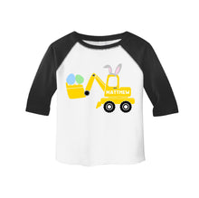 Load image into Gallery viewer, Toddler Boys Easter Bunny Construction Digger Personalized 3/4 Sleeve Raglan Shirt