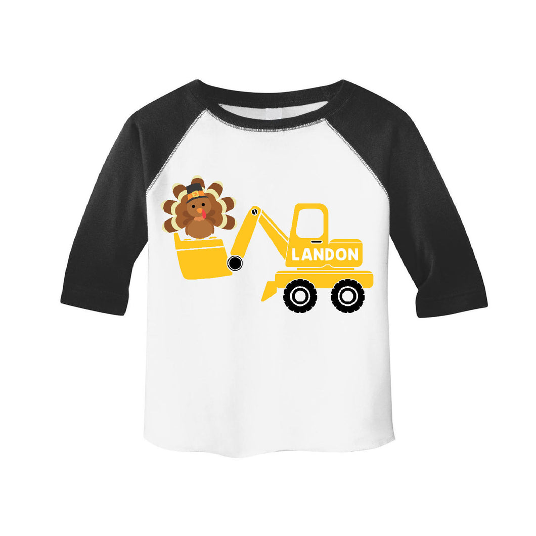 Toddler Boys Thanksgiving Construction Digger Personalized Raglan Shirt