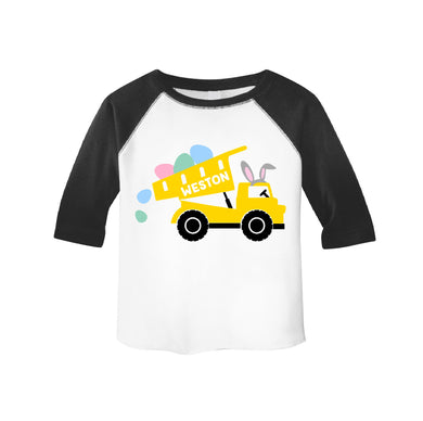 Toddler Boys Easter Bunny Construction Dump Truck Personalized 3/4 Sleeve Raglan Shirt