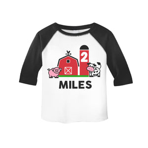 Farm Barnyard Animals Birthday Personalized 3/4 Sleeve Raglan Shirt for Toddler Boys