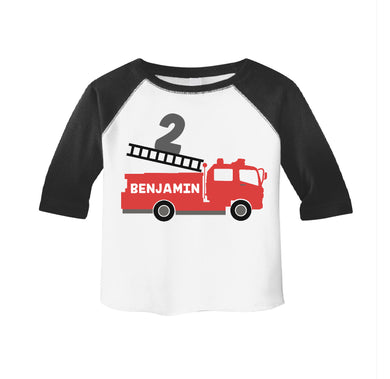 Fire Truck Birthday Party Personalized Raglan Shirt for Toddler Boys, Fire Engine Birthday Shirt