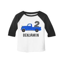 Load image into Gallery viewer, Little Blue Truck Birthday Shirt for Toddler Boys Personalized 3/4 Sleeve Raglan for Truck Party 