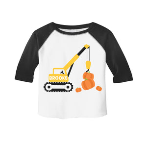 Toddler Boys Fall Pumpkin Patch Personalized Raglan Shirt - Construction Crane Fall Outfit for Boys