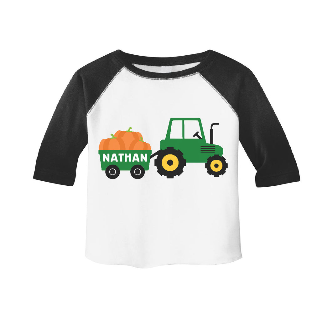 Toddler Boys Fall Pumpkin Patch Personalized Raglan Shirt - Tractor Fall Outfit for Boys
