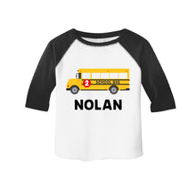 Load image into Gallery viewer, School Bus Birthday Personalized T-shirt Outfit Shirt Toddler Boys 2nd 3rd Birthday Party, Wheels on the Bus Party
