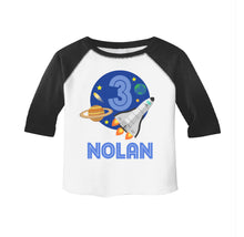 Load image into Gallery viewer, Outer Space Birthday Shirt for Boys, Space ship Birthday Party Personalized Raglan Shirt