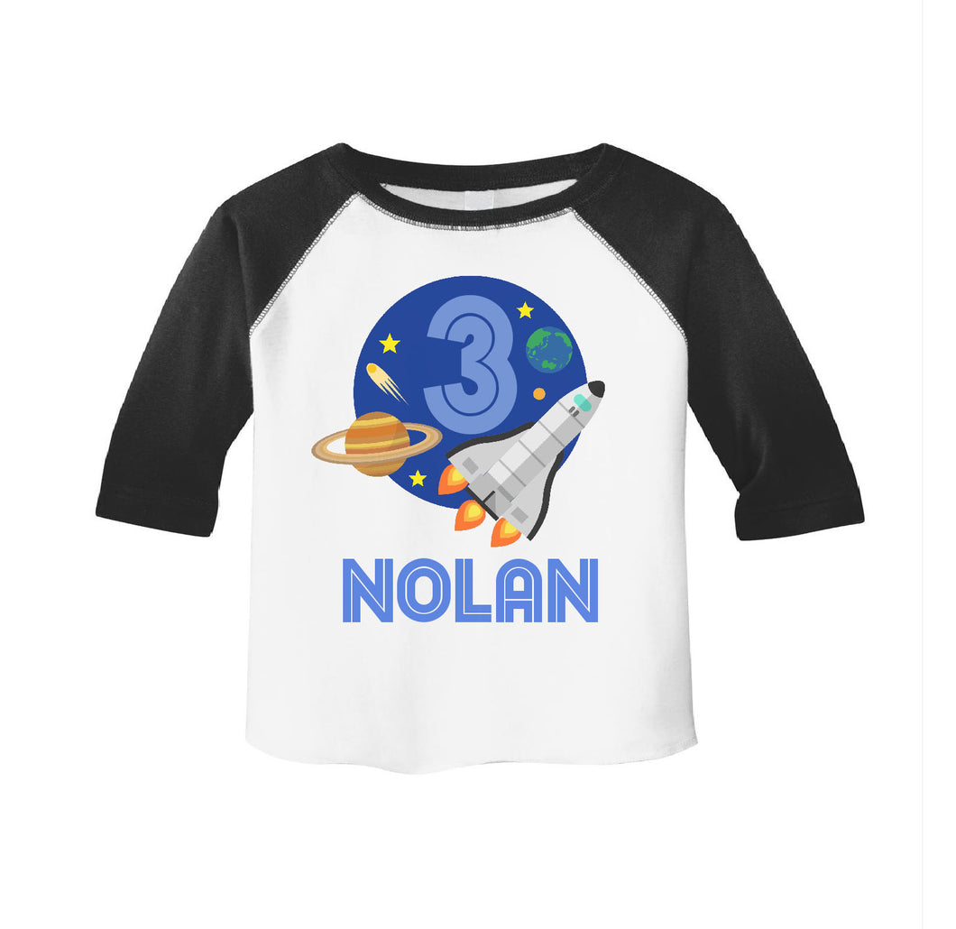 Outer Space Birthday Shirt for Boys, Space ship Birthday Party Personalized Raglan Shirt