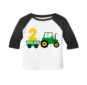 Tractor Birthday Shirt for Toddler Boys, Personalized Tractor Farm Barnyard Party Raglan Shirt
