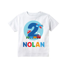 Load image into Gallery viewer, Transportation Birthday Party Shirt Trains Planes Cars Personalized Outfit for Toddler Boys