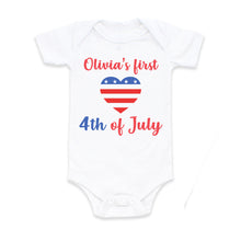Load image into Gallery viewer, 1st 4th of July Outfit for Baby Girl - American Flag Heart Personalized Bodysuit