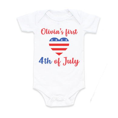 1st 4th of July Outfit for Baby Girl - American Flag Heart Personalized Bodysuit
