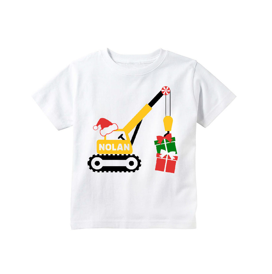 Toddler Boys Christmas Holiday Personalized Shirt - Construction Crane Christmas Outfit for Boys