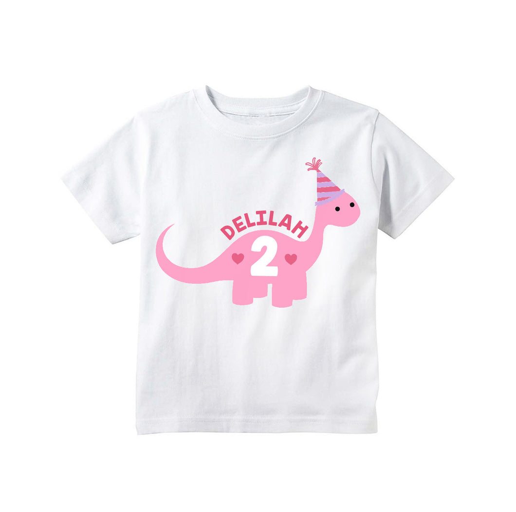 Girls Pink Dinosaur Birthday Personalized T-shirt