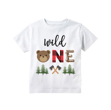 Load image into Gallery viewer, Lumberjack Wild One Bear First Birthday T-shirt Buffalo Plaid Red