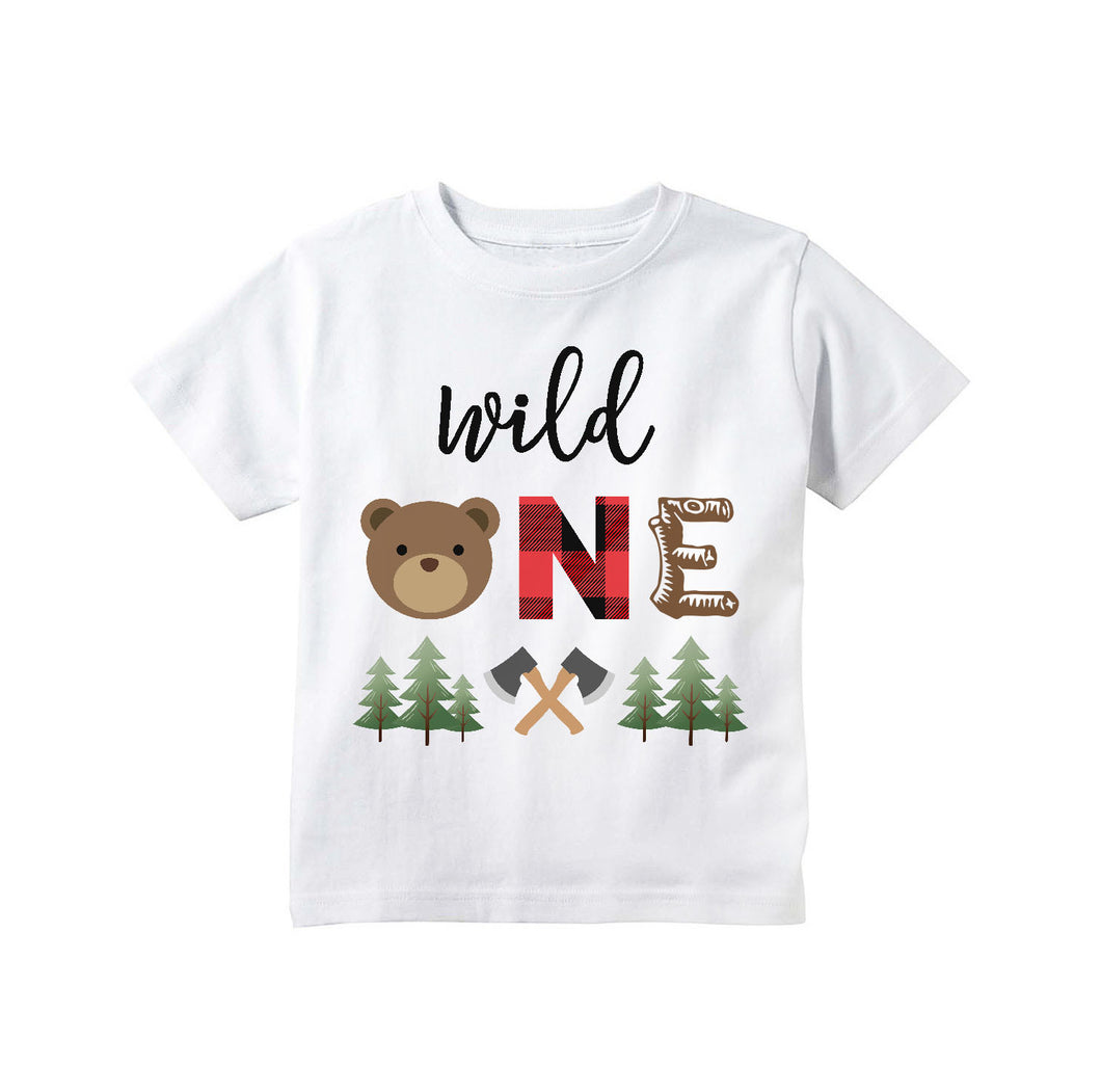 Lumberjack Wild One Bear First Birthday T-shirt Buffalo Plaid Red
