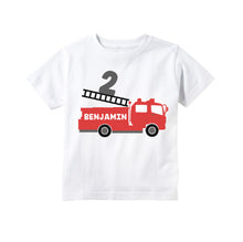Load image into Gallery viewer, Fire Truck Birthday Party Personalized T Shirt for Toddler Boys, Fire Engine Birthday Shirt