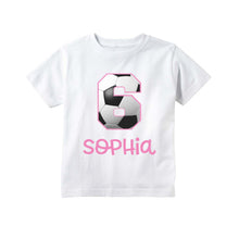 Load image into Gallery viewer, Soccer Birthday Shirt for Girls, Pink Soccer Custom Personalized Birthday Party T Shirt