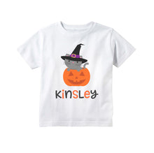 Load image into Gallery viewer, Toddler and Baby Girls Halloween Cat Pumpkin Personalized Shirt, Halloween T Shirt for Girls