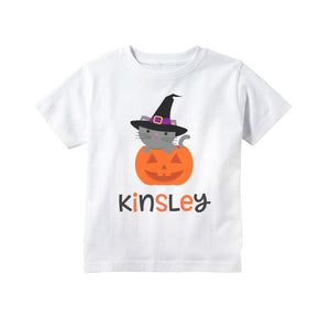 Toddler and Baby Girls Halloween Cat Pumpkin Personalized Shirt, Halloween T Shirt for Girls