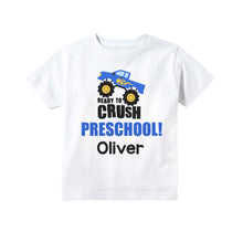 Load image into Gallery viewer, Preschool Shirt for Boys, First Day of Preschool or Pre-K Personalized Monster Truck Back to School Outfit for Boys