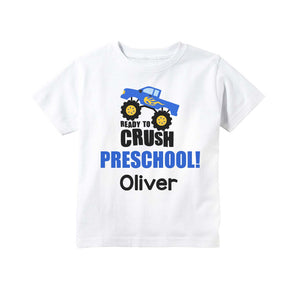 Preschool Shirt for Boys, First Day of Preschool or Pre-K Personalized Monster Truck Back to School Outfit for Boys