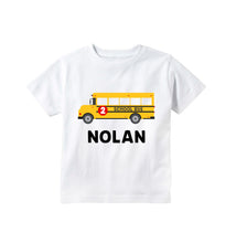 Load image into Gallery viewer, School Bus Birthday Personalized T-shirt Outfit Shirt Toddler Boys 2nd 3rd Birthday Party, Wheels on the Bus Party