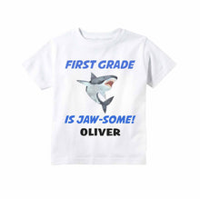 Load image into Gallery viewer, First Grade Shirt for Boys, First Day of 1st Grade Personalized Shark Back to School Outfit for Boys