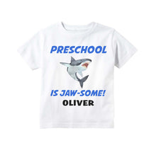 Load image into Gallery viewer, Preschool Shirt for Boys, First Day of Preschool or Pre-K Personalized Shark Back to School Outfit for Boys