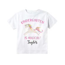 Load image into Gallery viewer, Kindergarten Shirt for Girls, First Day of Kindergarten Personalized Rainbow Unicorn Back to School Outfit for Girls