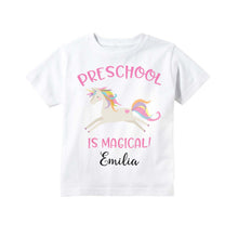 Load image into Gallery viewer, Preschool Shirt for Girls, First Day of Preschool or Pre-K Personalized Rainbow Unicorn Back to School Outfit for Girls