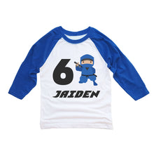 Load image into Gallery viewer, Blue Ninja Birthday Party Shirt for Boys 3/4 Pink Sleeve Raglan - Custom Age and Name