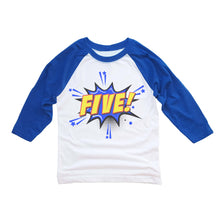 Load image into Gallery viewer, Boys Superhero Birthday Party Shirt 3/4 Sleeve Raglan - Customize Number