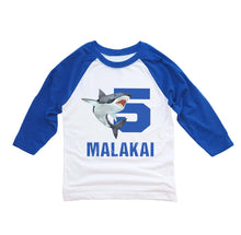 Load image into Gallery viewer, Personalized Shark Birthday Shirt for Boys 3/4 Sleeve Raglan - Custom Age and Name
