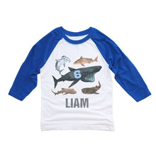 Load image into Gallery viewer, Personalized Assorted Shark Birthday Shirt for Boys 3/4 Sleeve Raglan - Custom Age and Name