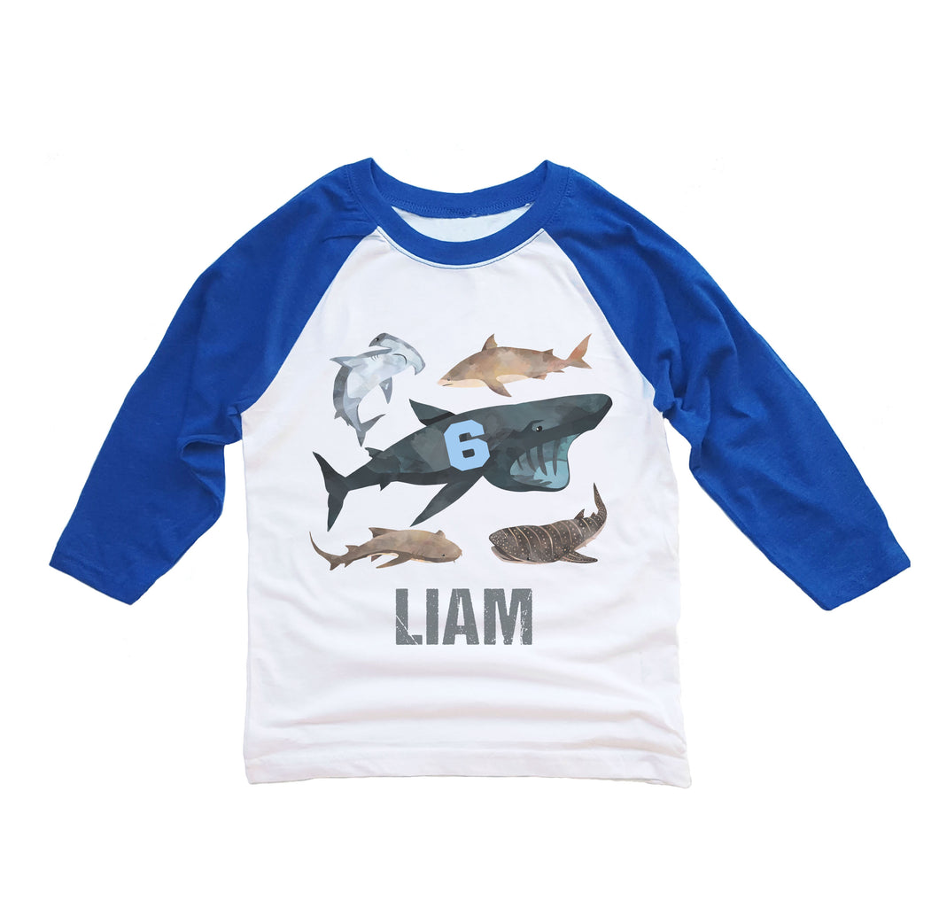 Personalized Assorted Shark Birthday Shirt for Boys 3/4 Sleeve Raglan - Custom Age and Name