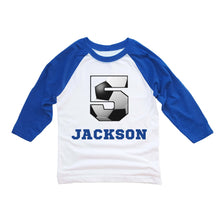 Load image into Gallery viewer, Soccer Birthday Shirt for Boys, Soccer Sports Custom Personalized Birthday Party Raglan Shirt
